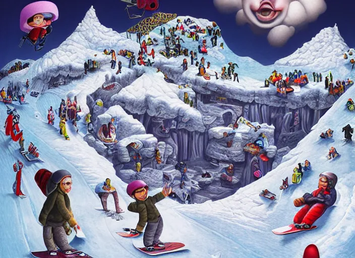 Image similar to snowboarding to another dimension, lowbrow, matte painting, 3 - d highly detailed, in the style of mark ryden,