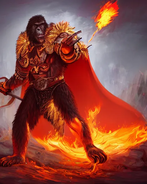 Image similar to fury art, an anthro ape wearing a large cape and a fantasy armor, fire, fiery background, 3 d, 8 k, extremely detailed, trending on furaffinity, trending on artstation, award winning, sharp focus, illustration