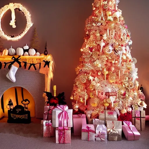 Image similar to homemade pink and gold halloween themed christmas bedroom ideas, high resolution, creative, visually appealling