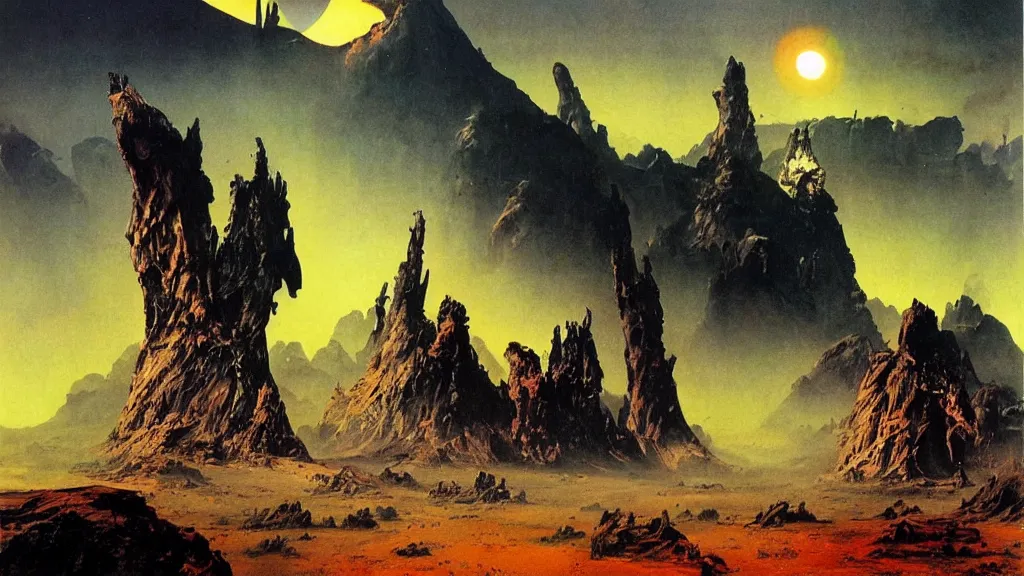 Image similar to surreal eerie alien planet empire by frank frazetta and bruce pennington, cinematic matte painting