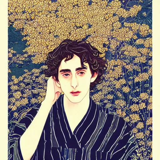 Prompt: “ timothee chalamet portrait by ikenaga yasunari and ayana otake and ko rakusui, 6 0 s poster, drawing, realistic, sharp focus, japanese, dreamy, nostalgia, faded, golden hues, floral clothes ”