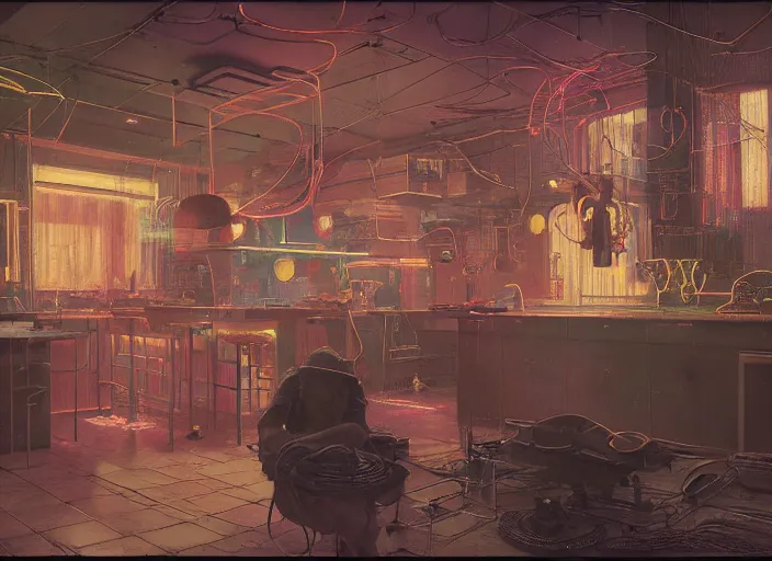 Prompt: A kitchen, neon, RGB, glowing wires everywhere, by Edgar Maxence and Ross Tran, Zdzisław Beksiński, and Michael Whelan, distant, gustav dore, H.R. Giger, 8k, octane render