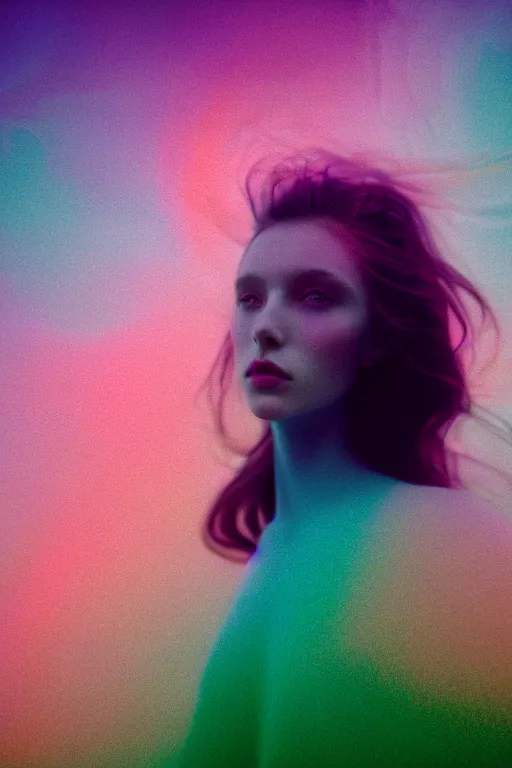 Image similar to high quality pastel coloured film close up wide angle photograph of a model wearing clothing swimming on cloud furniture in a icelandic black rock!! environment in a partially haze filled dreamstate world. three point light, rainbow. photographic production. art directed. pastel colours. volumetric clouds. pastel gradient overlay. waves glitch artefacts. extreme facial clarity. 8 k. filmic.