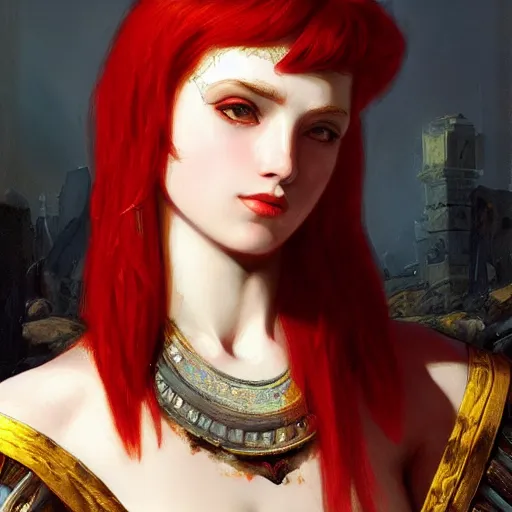 Image similar to portrait of an ancient roman character with red hair in incredible rich ornate armor, by ilya kuvshinov, by thomas lawrence, by bayard wu, trending on artstation, masterpiece