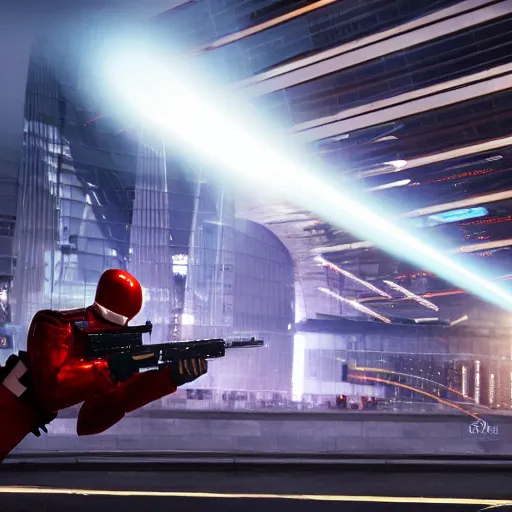 Image similar to british royal guard androids firing lasers, futuristic look, highly detailed, photorealistic camera shot, crisp quality and light reflections, in london bridge, futuristic city, ambient occlusion, cinematic lighting, octane render