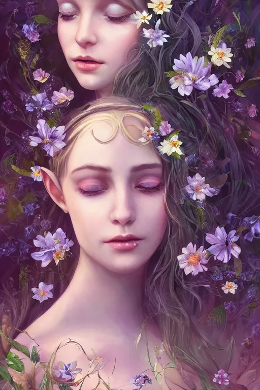 Image similar to a portrait of a beautiful elvish goddess with flowers in her hairs , hd, 4k, 8k, highly detailed, sharp, ethereal, astral environment in style of Anna Dittmann and Mark Arial and Artgerm