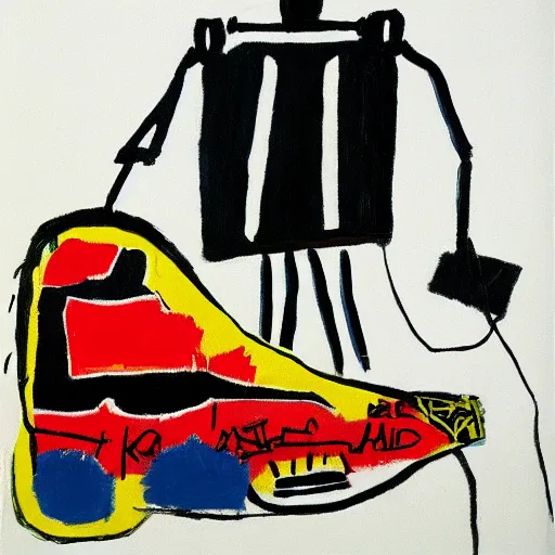 Image similar to basquiat oil painting of robot sneakers, balenciaga,