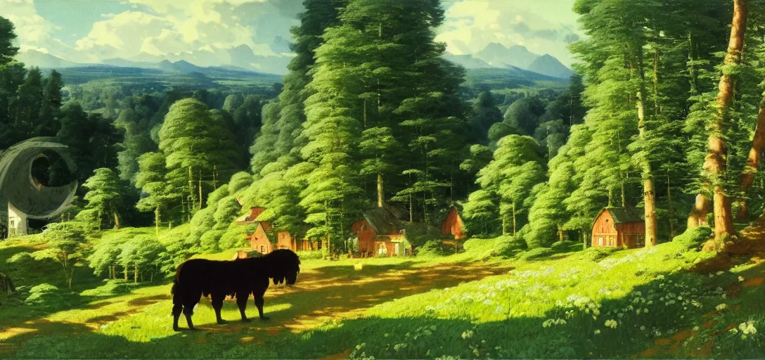 Image similar to ghibli illustrated background of strikingly beautiful swedish farm, the fealds and forests in the background by vasily polenov, eugene von guerard, ivan shishkin, albert edelfelt, john singer sargent, albert bierstadt 4 k