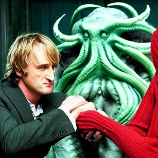 Prompt: still from a romantic comedy starring Owen Wilson and Cthulhu, eldritch god of insanity