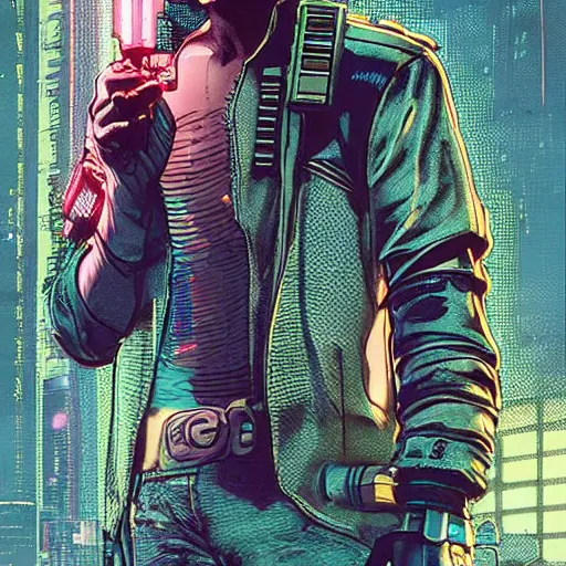 Prompt: Ezra. cyberpunk mercenary smoking a cigar. Style of James Gurney and Mœbius. (Cyberpunk 2077. Blade Runner. Apex Legends. The matrix)