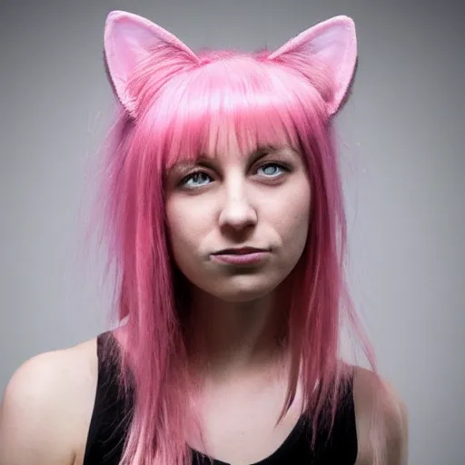 Prompt: photo of a young woman with messy medium-length pink hair and cat ears