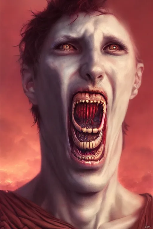 Prompt: portrait of a man possessed, demon escaping from mouth, by artgerm, tom bagshaw, gerald brom, vaporwave, vaporwave colors, lo fi colors, vaporwave, lo fi, 4 k, hd,
