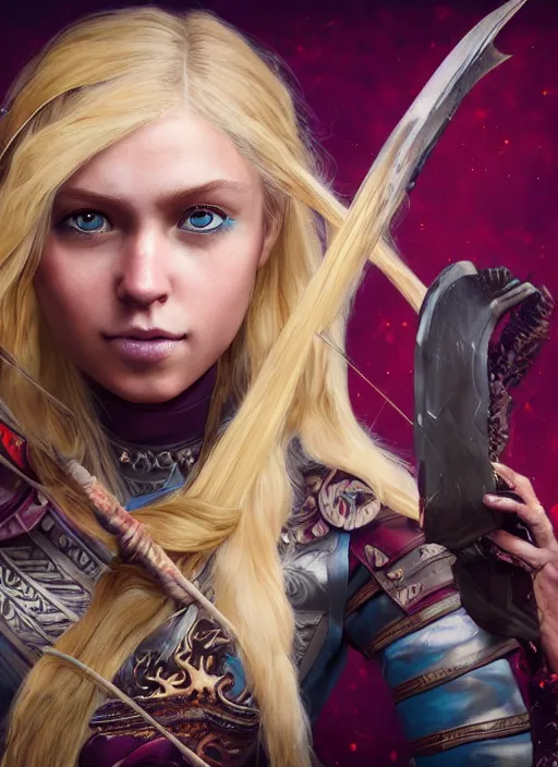 Image similar to An epic fantasy comic book style portrait painting of a young girl with long blonde hair and blue eyes. Wearing brown and magenta leather tribal combat clothes. She is holding hunting bow. Unreal 5, DAZ, hyperrealistic, octane render, cosplay, RPG portrait, dynamic lighting