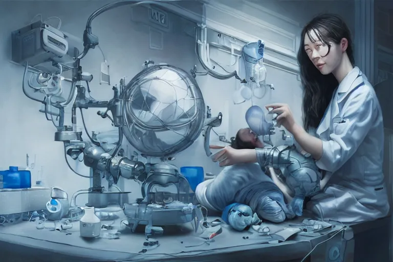 Image similar to hyperrealistic photography of a female scientist constructing a birth machine in the style of Jin Kagetsu, James Jean and wlop, highly detailed, masterpiece, award-winning, sharp focus, intricate concept art, digital painting, ambient lighting, 4k, artstation