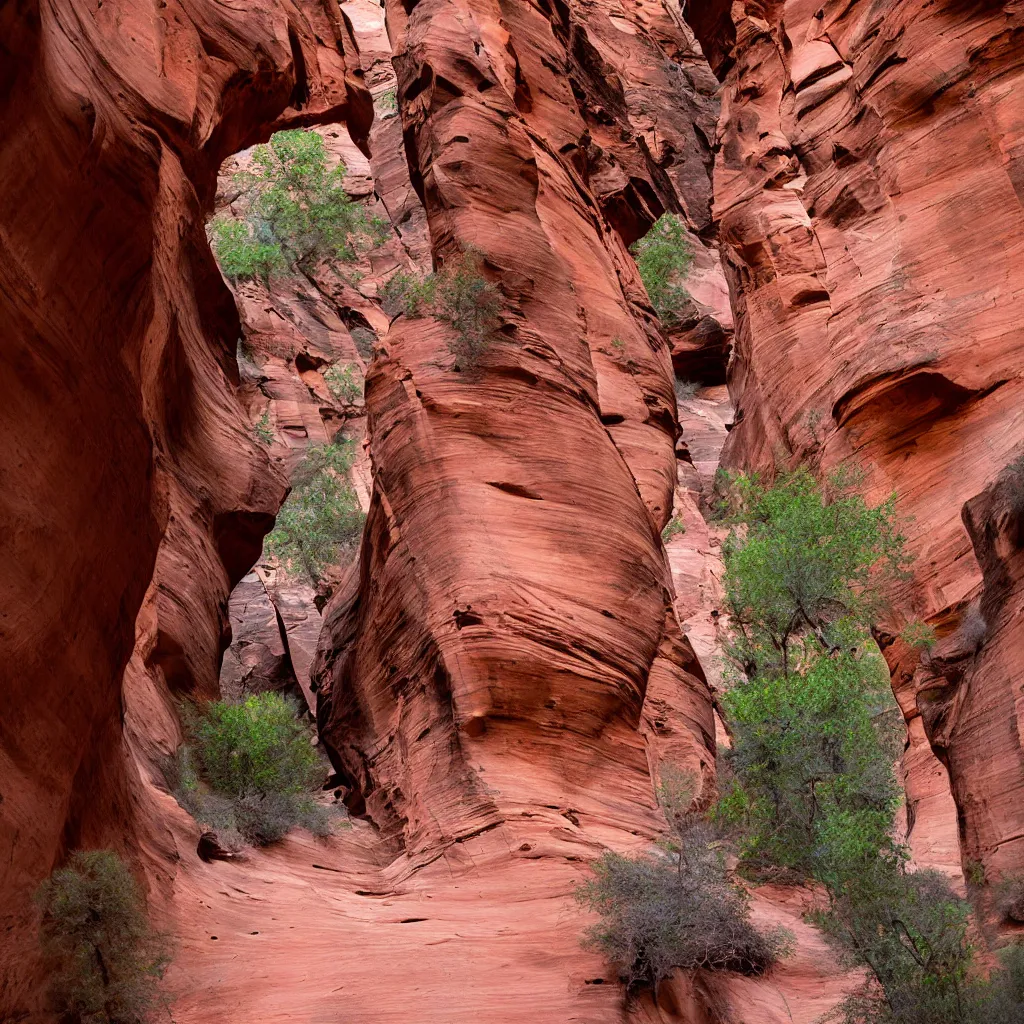 Prompt: alien flying snake winding though a slot canyon at Zion National Park, bright, 50mm sigma, professional photography, nature photography