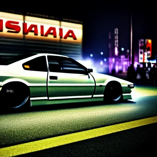 Image similar to a car Nissan Silvia at illegal car meet, Shibuya prefecture, city midnight mist, cinematic color, photorealistic, highly detailed