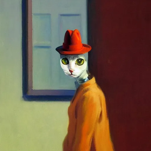 Prompt: a half robot cat wearing a hat, a highly detailed edward hopper painting, by adrian ghenie and gerhard richter. art by james gurney. masterpiece, flat surreal design with deep colours. 8 k. artstation