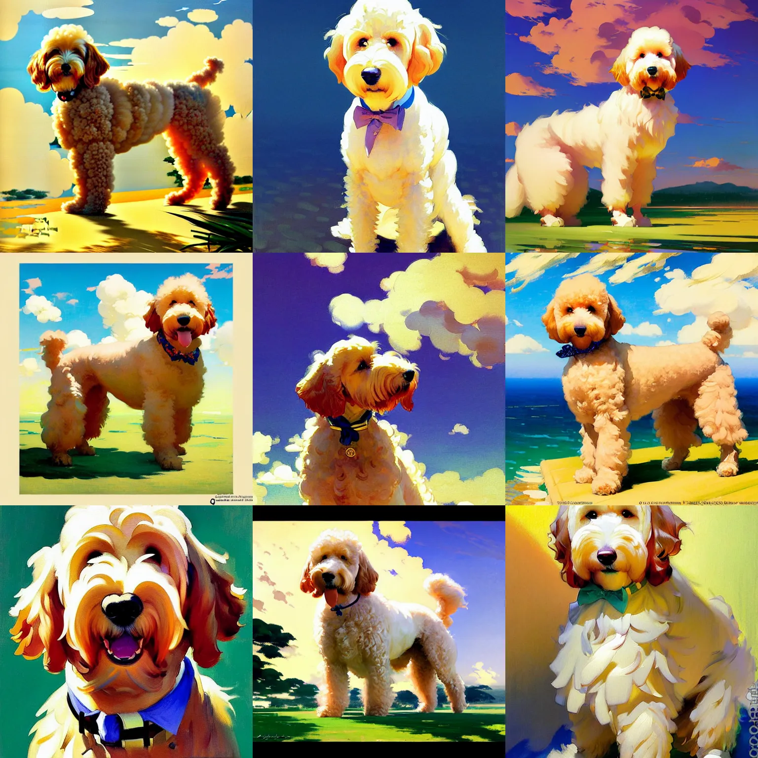 Prompt: a goldendoodle dog, by studio ghibli painting, by joaquin sorolla rhads leyendecker, an aesthetically pleasing, dynamic, energetic, lively, overlaid with aizome patterns, by ohara koson and thomas kinkade, traditional japanese colors, superior quality, masterpiece, sticker, vector art, full body, white background, power pose