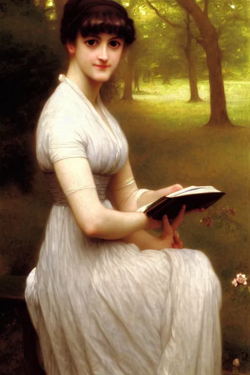 Image similar to jane austen, reeding books, painting by rossetti bouguereau, detailed art, artstation