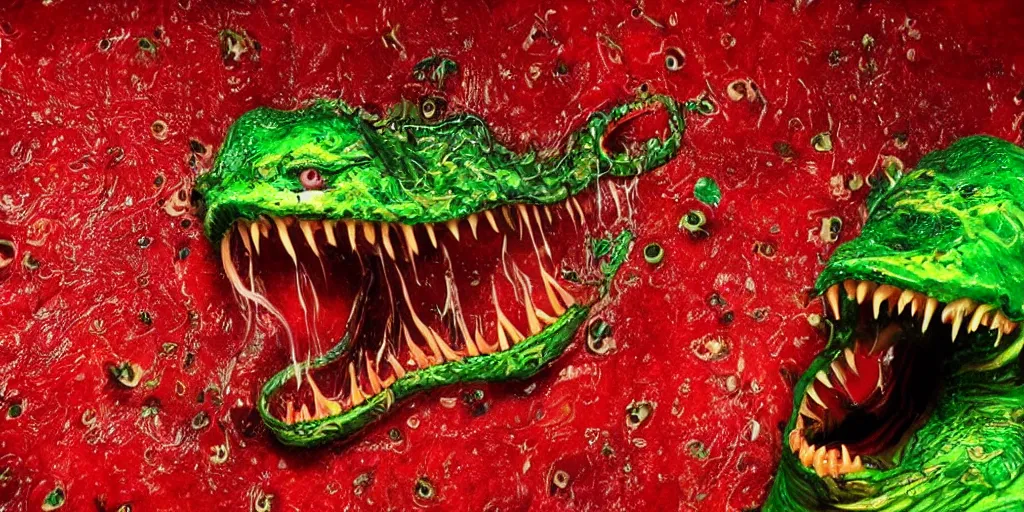 Image similar to a large slimy creepy monster a with very long slimy tongue, dripping saliva, macro photo, fangs, red glowing skin, green skin with scales, cinematic colors, tiny glowbugs everywhere, standing in shallow water, insanely detailed, dramatic lighting