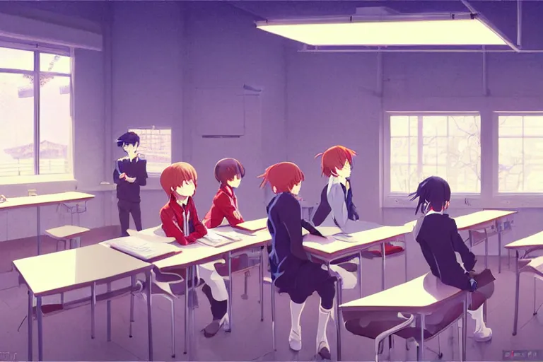 boy's love anime modern high school classroom in, Stable Diffusion