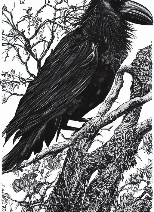 Prompt: raven bird cover art by joseph michael lisner, masterpiece ink illustration,