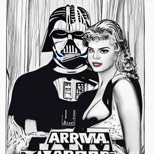 Prompt: a romance novel cover from 1 9 8 3, paperback, drawing, trump and darth vader on the cover, romantic