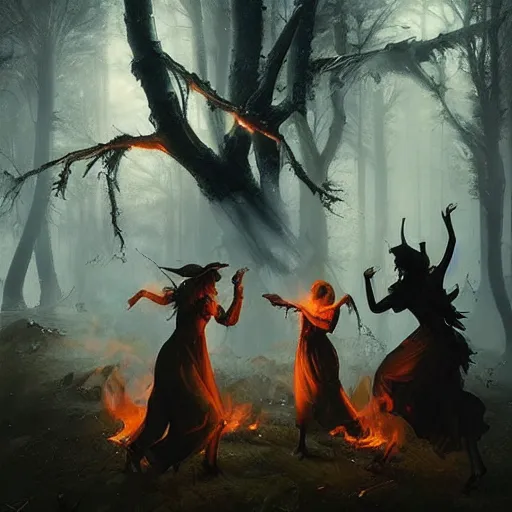 Prompt: witches dancing, fire, forest, night, cinematic lighting, exaggerated detailed, unreal engine, art by greg rutkowski & peter mohrbacher
