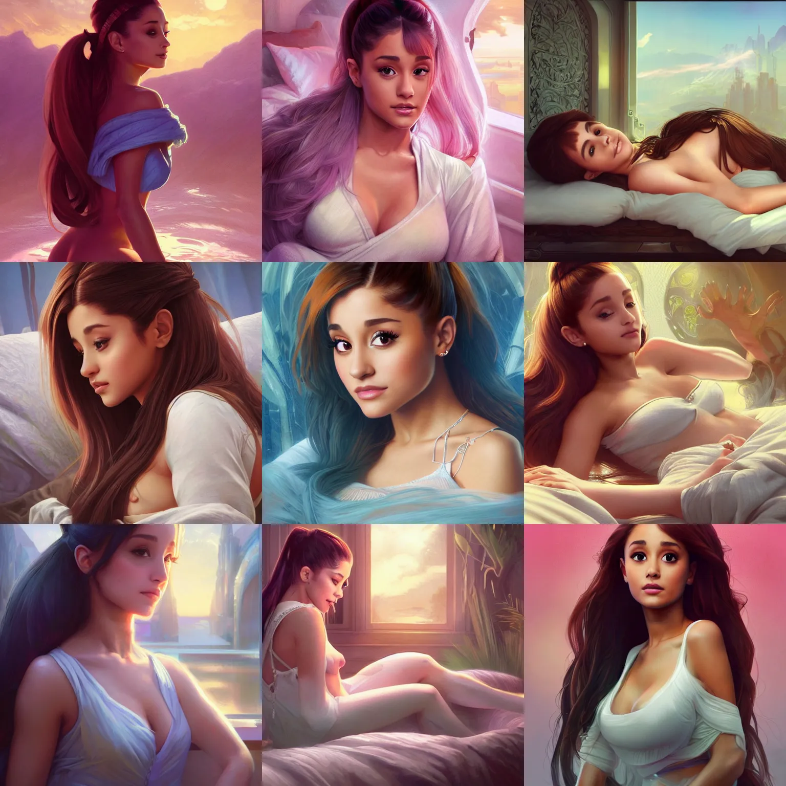 Prompt: Ariana Grande waking up in the early morning, Mark Edward Fischbach, intricate, highly detailed, digital painting, artstation, concept art, smooth, sharp focus, illustration, Unreal Engine 5, 8K, art by artgerm and greg rutkowski and alphonse mucha