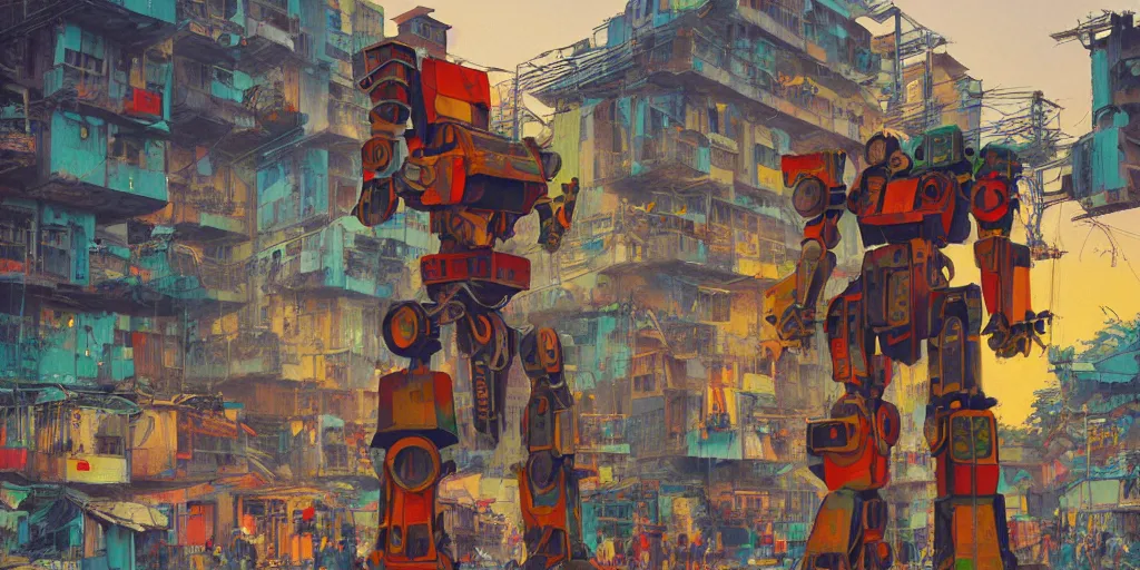 Image similar to colourful - damaged - giant mecha ROBOT of AJEGUNLE SLUMS in Lagos, markings on robot, Golden Hour, painting by Hsiao-Ron Cheng,