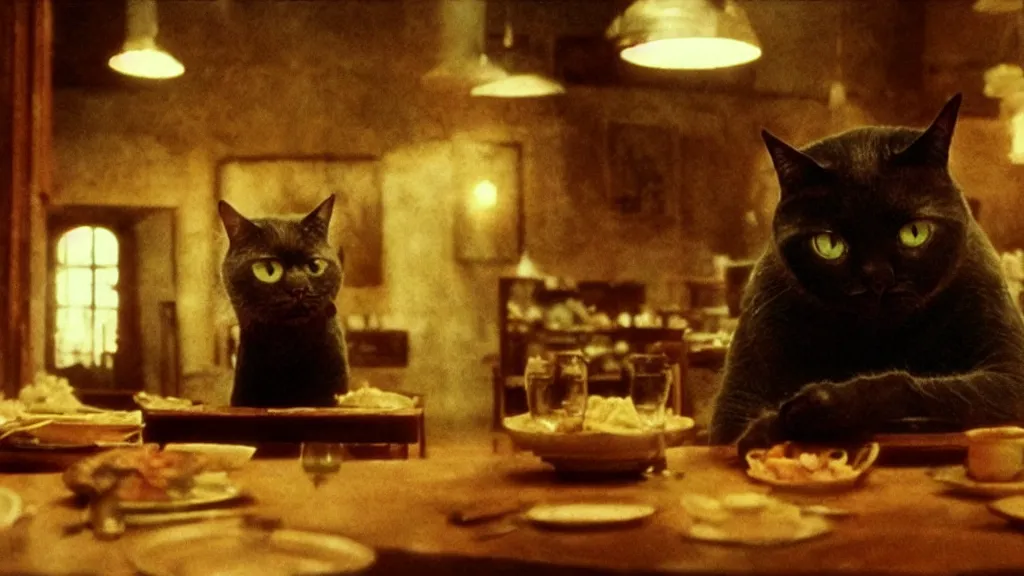 Image similar to the strange cat, works at a restaurant, film still from the movie directed by denis villeneuve and david cronenberg with art direction by salvador dali and zdzisław beksinski, wide lens