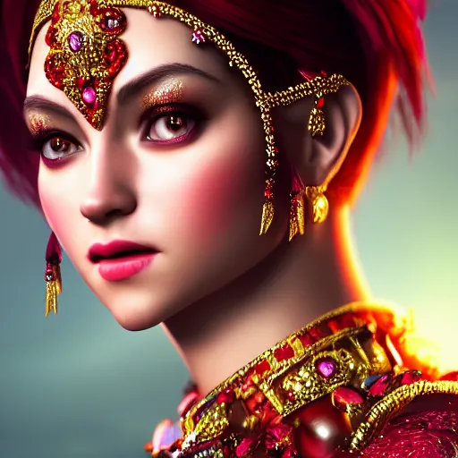 Prompt: portrait of beatiful princess of ruby with fair skin, adorned with jewels, ornate 8 k gorgeous intricate detailed, accent lighting, dramatic light, octane render