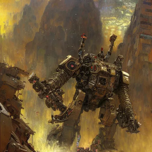 Image similar to six meters tall mech fighting in an urban environment, epic action scene, by gaston bussiere craig mullins jc leyendecker gustav klimt artgerm greg rutkowski john berkey, bergey, craig mullins, ruan jia, raymond swanland, jeremy mann, tom lovell, alex malveda, ray casting, hdr