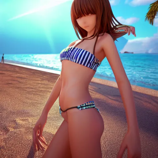 Prompt: Render of a very beautiful 3d anime girl, long hair, hazel eyes, cute freckles, full round face, oiled, short smile, cute bikini, golden hour, serene beach setting, cinematic lightning, medium shot, mid-shot, highly detailed, trending on Artstation, Unreal Engine 4k