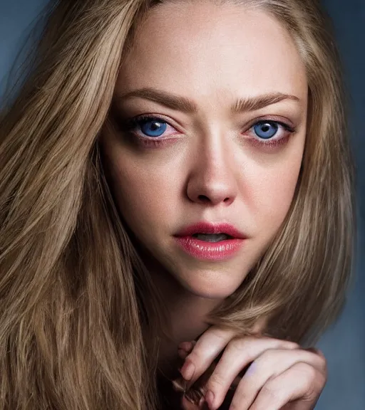 Prompt: a studio portrait photograph of Amanda Seyfried taken by Annie Leibovitz, close-up, symmetrical features, canon 85mm lens f1.4, hasselblad medium format, ring light, beauty dish