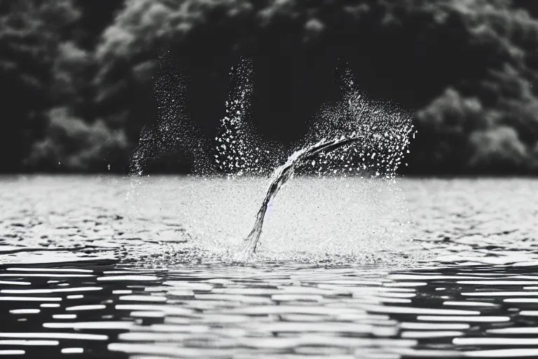 Image similar to a real life water pokemon swimming in a lake, sight proof, black and white, blurry, old camera, grainy, motion blur, unfocused, full body shot, wide angle