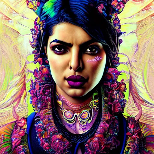 Prompt: portrait of priyanka chopra, hyper detailed masterpiece, neon floral pattern, jean giraud, digital art painting, darkwave goth aesthetic, psychedelic, artgerm, donato giancola and tom bagshaw