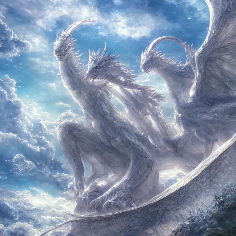 Image similar to the beautiful hyper detailed scene render that a lonely beautiful girl lies in the arms of a huge silver white dragon alone in fairyland surrounded by white clouds, finely detailed angelic face delicate, style of studio ghibli, makoto shinkai, raphael lacoste, louis comfort tiffany, artgerm, james jean, ross tran, animation style, hd, ultra wide angle