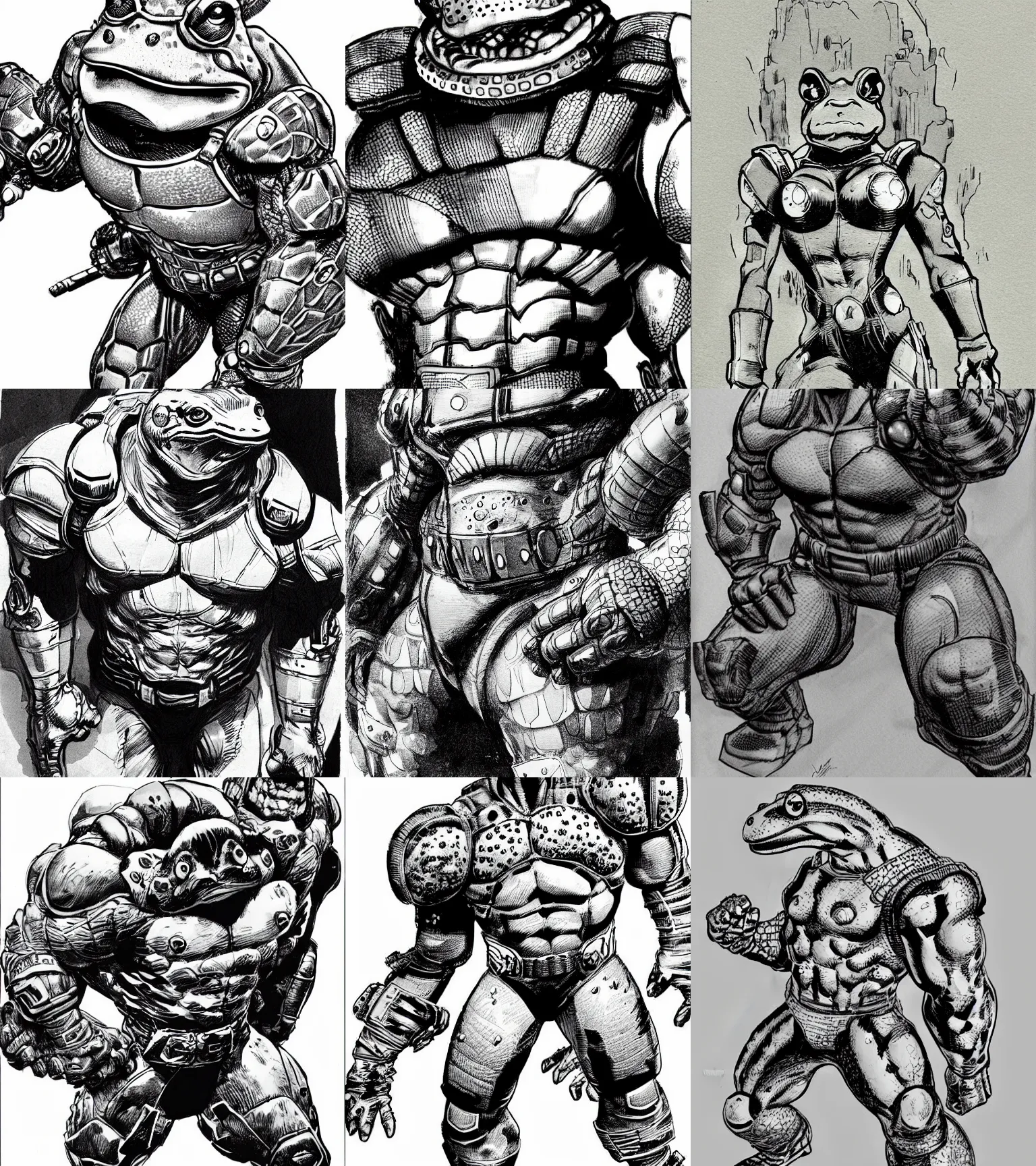 Prompt: toad animal!!! jim lee!!! close up shot!! flat grayscale ink sketch by jim lee close up in the style of jim lee, cyborg! armored hunter hulk toad animal looks at the camera by jim lee