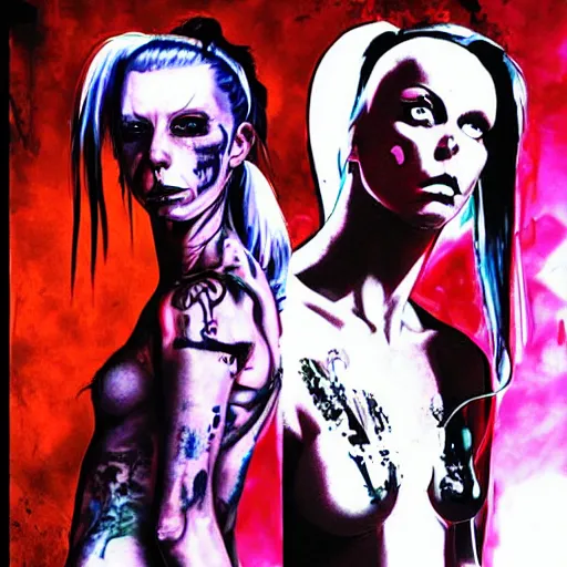 Image similar to die antwoord yolandi portrait, back and white, zef design graffiti in the background, dark lighting, freaky, digital art otomo katsuhiro