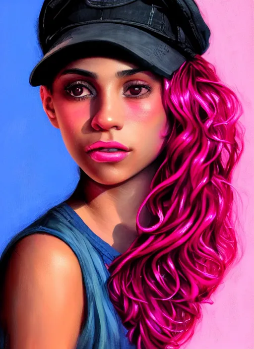 Image similar to portrait of teenage vanessa morgan with bright pink hair, black girl, curly pixie cut hair, wearing newsboy cap, pink short haircut, newsboy cap, hoop earrings, blue eyes, intricate, elegant, glowing lights, highly detailed, digital painting, artstation, concept art, smooth, sharp focus, illustration, art by wlop, mars ravelo and greg rutkowski