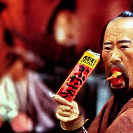 Image similar to scene from Kagemusha, 1980, movie still, cinematic, a samurai eating a hot dog, mustard and ketchup,