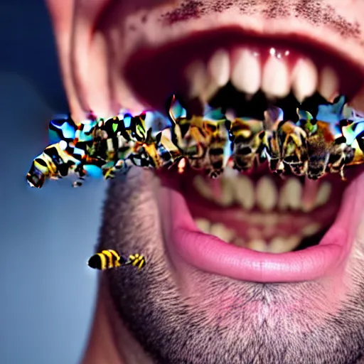 Image similar to photograph of bees crawling out of a smiling mans mouth, 8k resolution, high detail, ULTRA REALISTIC VFX, reflections