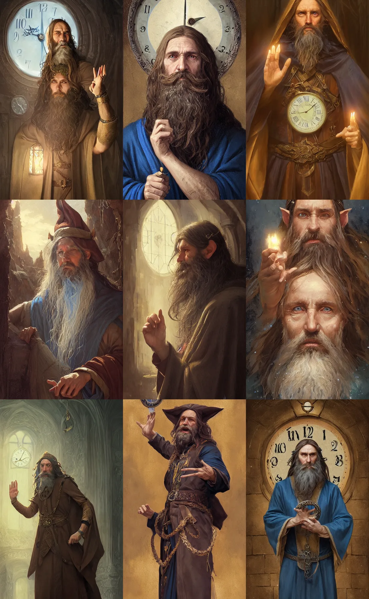 Prompt: portrait of a middle aged elf with a long beard, brown hair, blue robes with clock iconography, raised hand, detailed face, fantasy, highly detailed, cinematic lighting, digital art painting by greg rutkowski