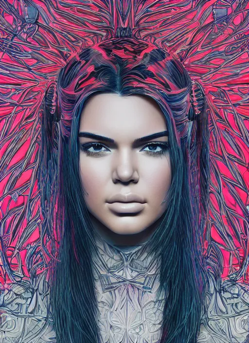 Image similar to portrait of kendall jenner an ultrafine detailed illustration by james jean, intricate linework, bright colors, final fantasy, behance contest winner, vanitas, angular, altermodern, unreal engine 5 highly rendered, global illumination, radiant light, detailed and intricate environment