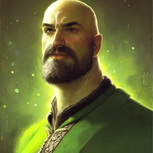 Prompt: well - groomed green - skinned bard, goatee, bald, thoughtful expression, gong, fantasy character portrait by greg rutkowski, gaston bussiere, craig mullins