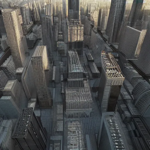 Image similar to busy cityscape with tall buildings. Futurism. Octane render. Shallow depth of field. High detail