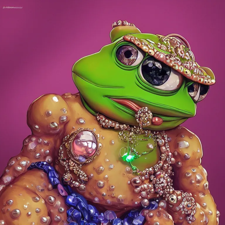 Image similar to maximalist detailed gemstone pepe the frog by adoryanti, machine. delusions, holosomnia, electrixbunny, rendered in discodiffusion. decorated with pearls and gems, behance hd by jesper ejsing, by rhads, makoto shinkai, ilya kuvshinov, rossdraws global illumination ray tracing hdr radiating a glowing aura