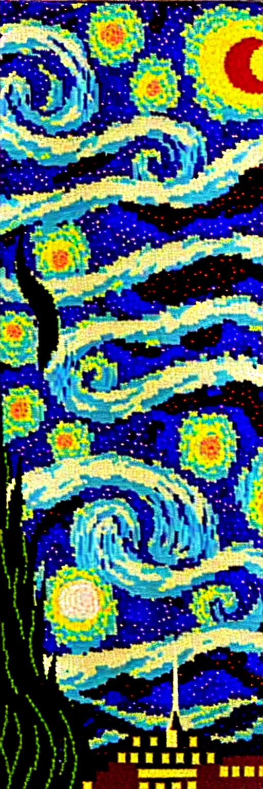 Image similar to van gogh's starry night in pixel art