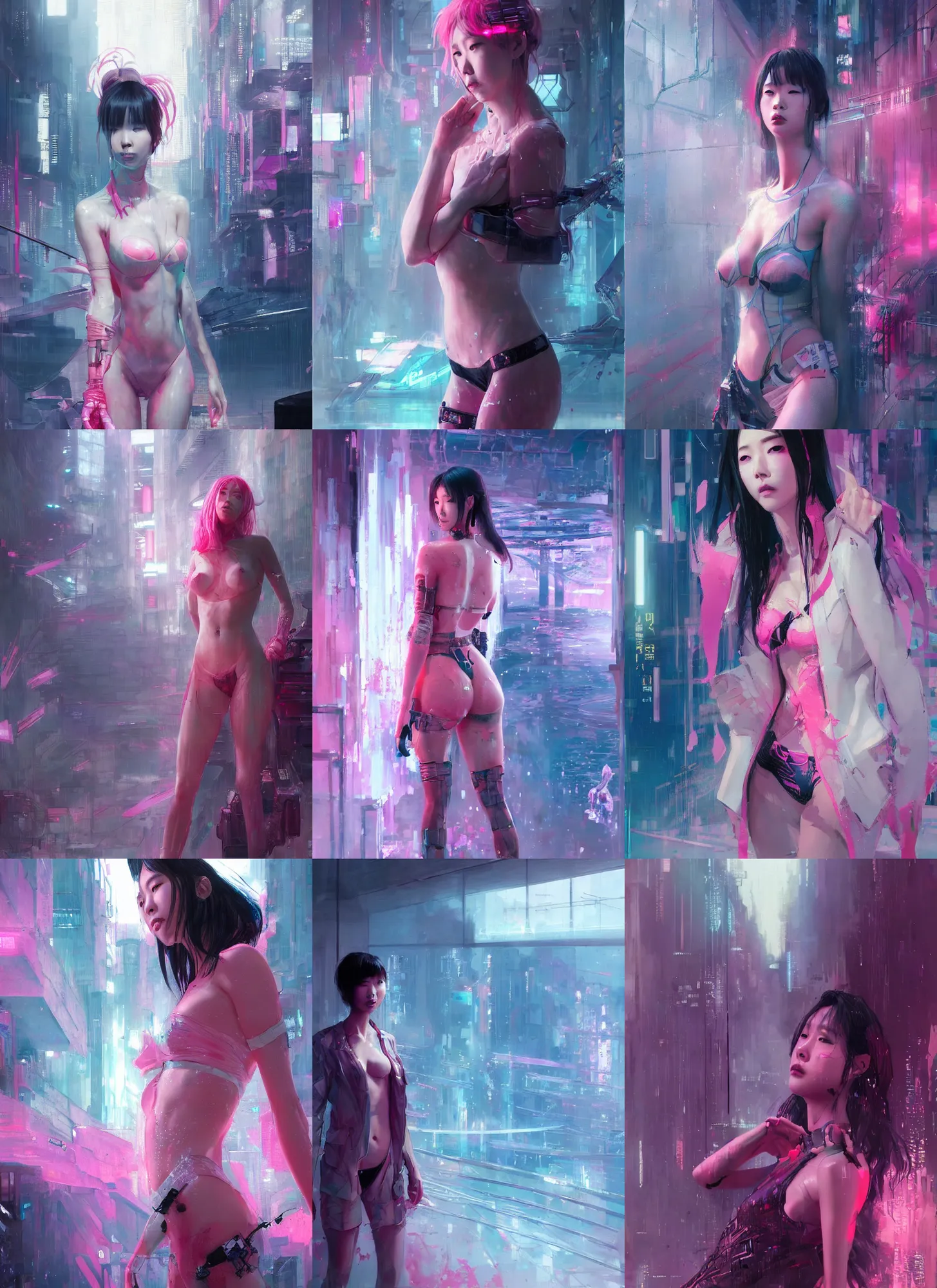 Prompt: lee jin - eun emerging from pink water in cyberpunk theme by wadim kashin, rule of thirds, seductive look, beautiful